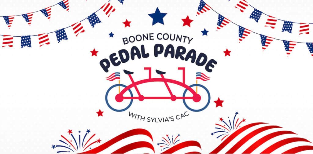 Boone County Pedal Parade logo amid patriotic fireworks and American flags.